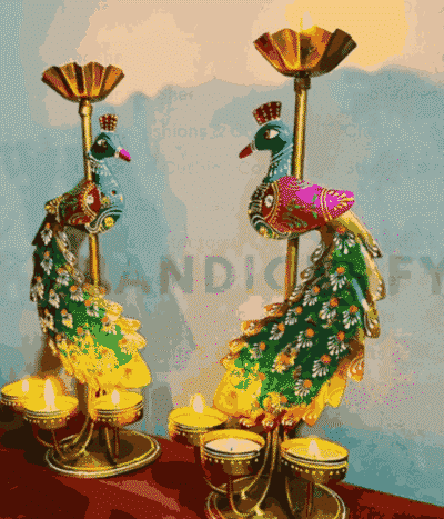 Handicraft Metal Peacock Pair Candle Holder Showpieces