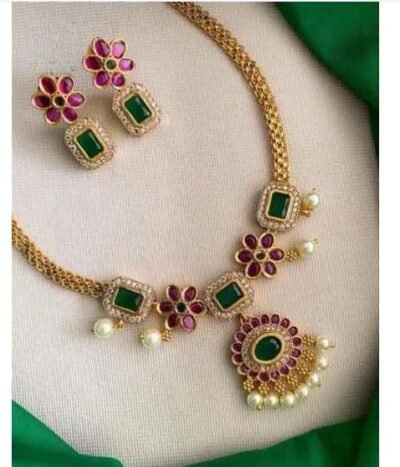 Floral Green & Red Stone Necklace Set