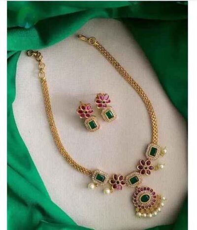 Floral Green & Red Stone Necklace Set