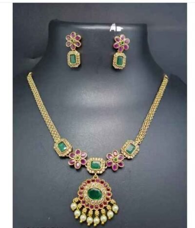 Floral Green & Red Stone Necklace Set